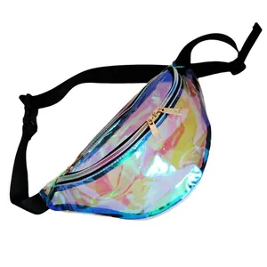 Holographic iridescent PVC waist bag with reflective neon finish and adjustable strap