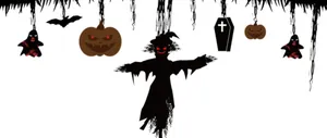 Silhouettes décoratives détaillées d'Halloween avec fantômes, citrouilles et épouvantail noir