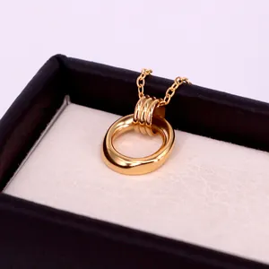 Vue détaillée d'un collier doré avec pendentif double anneau géométrique dans son écrin noir