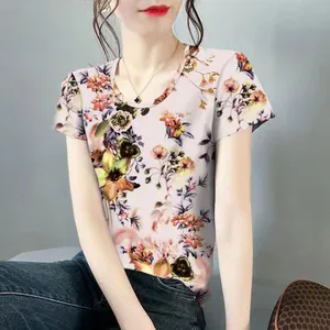 Elegantes Damen-T-Shirt mit kurzen Ärmeln, Vintage-Blumendruck und Rundhalsausschnitt