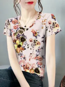 Damen Elegant Eisseide Kühlend T-Shirt Sommer Dünn Blumenmuster Top Schlankmachend Rundhalsausschnitt Kurzarm Mutter Kleidung