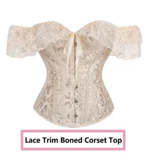 Close-up detail of a white vintage lace boned corset featuring elegant off-shoulder ruffle trim
