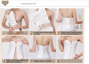 Detailed 6-step wearing guide for white lace bone corset shaper
