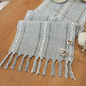 American Vintage Cotton Polyester Table Runner Handmade Tassels Hollow Embroidery Striped Geometric Design For Dining Room Home Decor Accessory