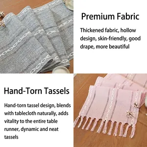 American style cotton linen table runner with handmade tassels for rustic home decor