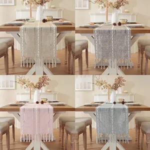 Four colors of American woven table runners with tassels on dining table