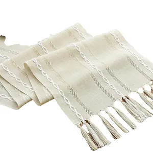 American style cotton linen table runner with handmade tassels and embroidery