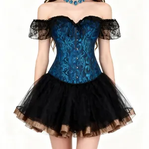 Elegant blauw jacquard korset top met zwarte kanten mouwen en bijpassende tutu rok set