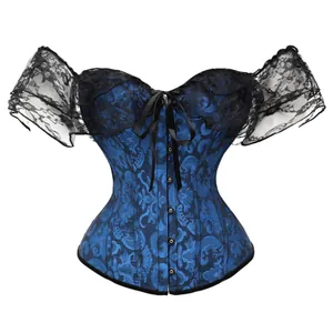 Elegante blauwe brokaat Victoriaanse korset met zwarte kanten mouwen en een strikje voor.