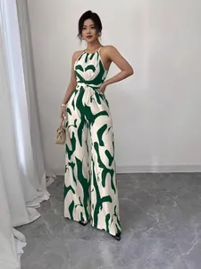 Combinaison licou élégante pour femme avec motif lait vert et design à taille haute nouée