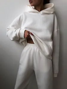 Ensemble deux pièces sweat à capuche et jogging blanc crème uni surdimensionné pour femme
