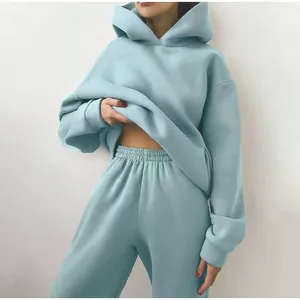 Ensemble deux pièces pour femme avec sweat à capuche bleu clair et pantalon de jogging assorti.