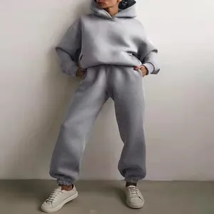 Ensemble de survêtement gris deux pièces pour femmes avec sweat à capuche et jogging