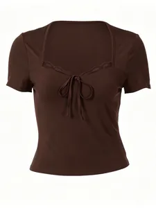 Slim fit brown short sleeve T-shirt featuring a square neck with lace trim and tie