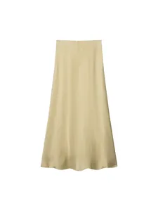 Elegante falda midi de satén champán de talle alto con corte en A y acabado brillante