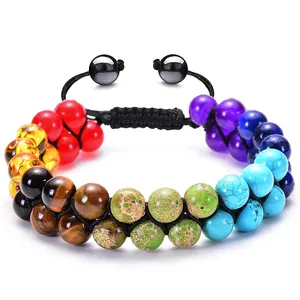 Bracelet tressé double rang en pierres naturelles avec cordon réglable pour le yoga