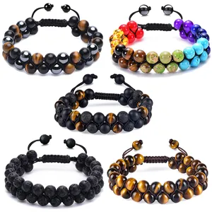 Ensemble de bracelets réglables en pierre naturelle œil de tigre et pierre de lave tressés