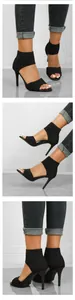 Three views of black knit peep-toe high-heel sandals with elegant stilettos.