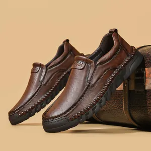 Heren Outdoor Casual Leren Schoenen Handgestikt Splitleder Instappers Wandelschoenen Rubber Zachte Zool Grote Maten Loafers