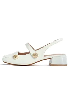 Elegant white Mary Jane sandals featuring a square toe design and decorative gold buckles