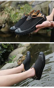 Gedetailleerd overzicht van ademende zwarte mesh herenloafers voor zomerse buitenactiviteiten.