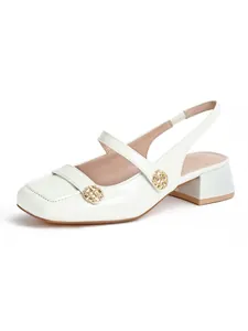Elegant white square-toe Mary Jane slingback pumps with chunky heels and gold buttons