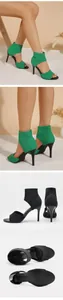 Detailed views of women's fly-knit peep-toe stiletto heel sandals in green and black
