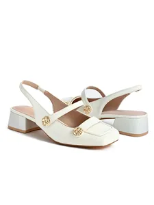 Elegant off-white square toe block heel sandals featuring gold-tone woven buckle details