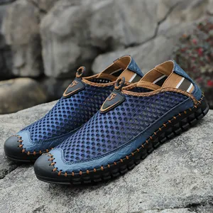 Heren Zomer Ademend Mesh Casual Schoenen Leer Patchwork Handgemaakt Slipper Slip-On Grote Maat Wandelschoenen Plat Voor Heren
