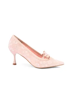 Elegant light pink lace pointed-toe stiletto heels featuring a delicate bow detail.