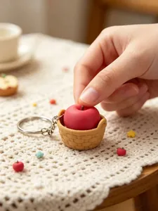 Nahaufnahme von 3D-gedrucktem Apfelkorb-Fidget-Spielzeug-Schlüsselanhänger auf Spitze