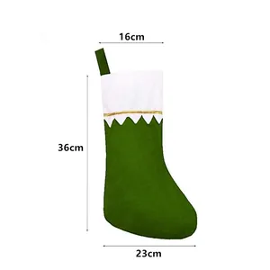 Detailed dimensions of green felt Christmas stocking with white gold-trimmed cuff