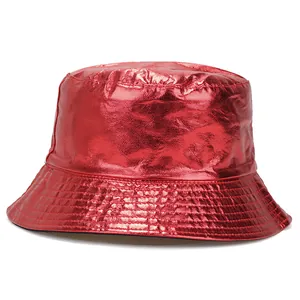 Macro detail view showing the metallic red shiny texture of this unisex bucket hat