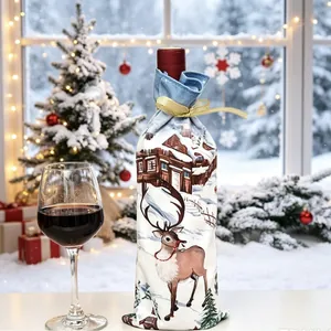 Decorative Christmas wine bottle cover with reindeer and cabin print for holiday table