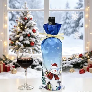 Festive Christmas wine bottle cover with cute snowman print in a snowy winter holiday scene