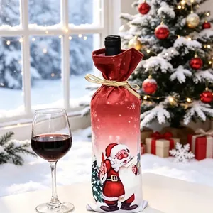 Festive Christmas wine bottle cover with Santa Claus print on a snowy background.