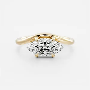 Anello in Argento Sterling S925 Con Zirconia Taglio Marquise per Donna Minimalista Placcato Oro 18K Fascia a Onde Gioielli
