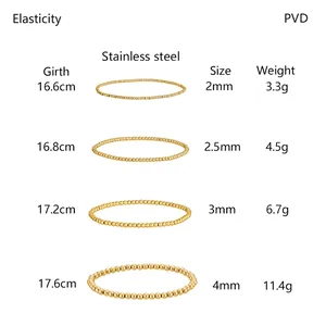 Detailed size guide for gold beaded stainless steel elastic bracelets in 2-4mm bead sizes.