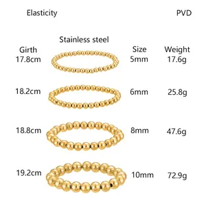 Comprehensive size chart of gold stainless steel beaded bracelets with bead sizes and girths.