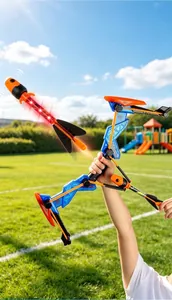 Vista detallada de un arco de poleas de alta elasticidad con flechas luminosas para niños