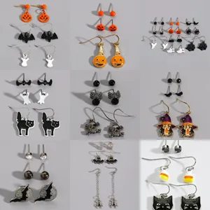 Halloween gothic earring collection featuring ghost, spider, and pumpkin stud drop designs