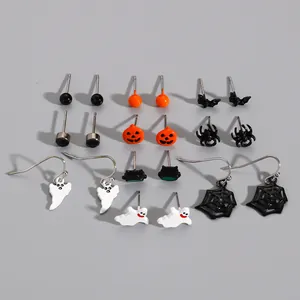 Detailed view of Halloween gothic ghost pumpkin and spider earring set for women