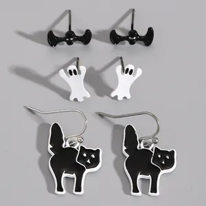 Set of Halloween earrings featuring bat studs, ghost studs and black cat drop styles