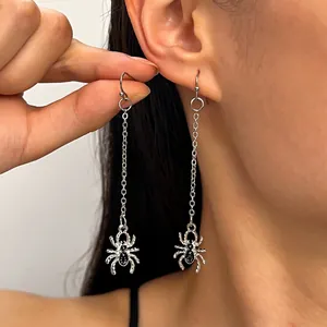 Gothic silver-tone long chain earrings with black spider charms for Halloween