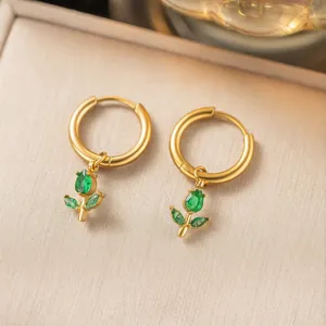 Vintage vergoldete Creolen mit eleganten grünen Tulpenblüten-Anhängern für Damen