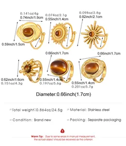 Detailed dimensions and weight specifications for stainless steel tiger eye stone rings.