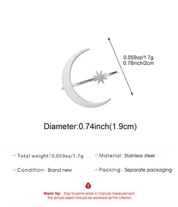 Close-up of stainless steel moon and star open ring with detailed measurements and specifications.