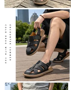 Detailed view of men's outdoor casual beach sandals with handmade stitching and light sole