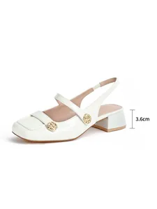 Detailed studio shot of white square toe block heel Mary Jane sandals with 3.6cm heel