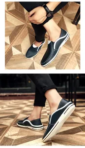 Detail van handgemaakte stiksels op ademende blauwe leren loafers voor heren